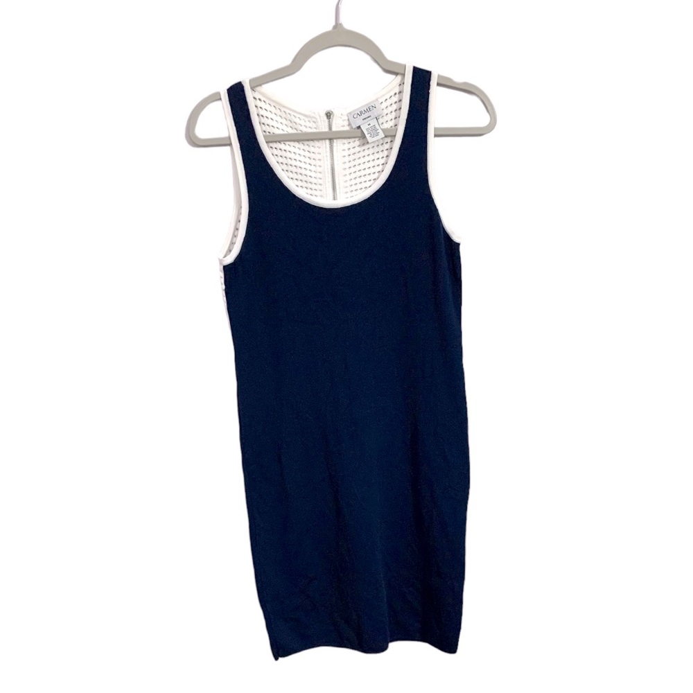 Carmen Marc Valvo Navy Blue & White Nylon Blend Midi Dress Women’s size Medium
